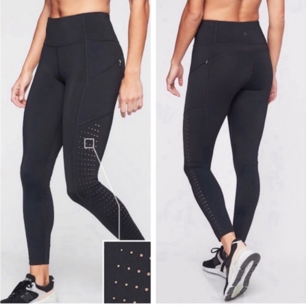 Athleta Contender 7/8 Laser Cut Leggings l XS Black Pockets Yoga Pilates Workout